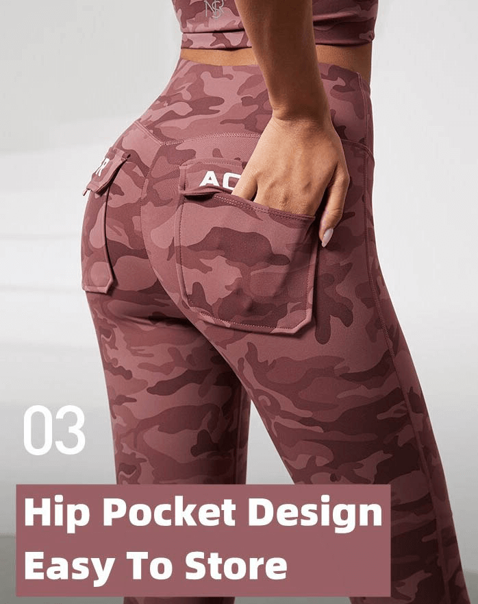 Back view of pink camouflage high waist leggings with convenient hip pockets for storage, ideal for workouts.